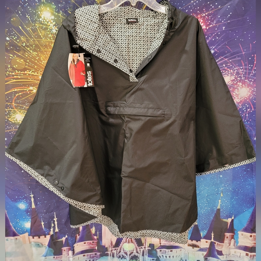 Totes Black Waterproof Hooded Rain Poncho with Geometric Trim